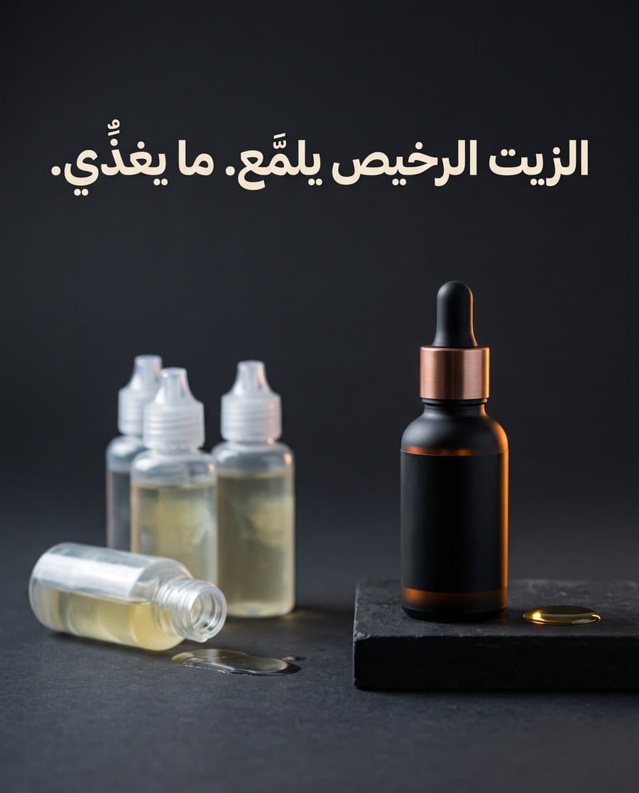 إعلان صورة لزيت لحية بنص عربي: الزيت الرخيص يلمّع، ما يغذّي